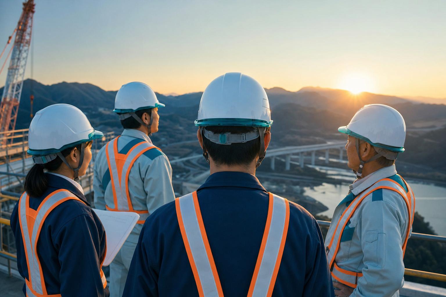 夕暮れの建設現場を見渡す施工チーム